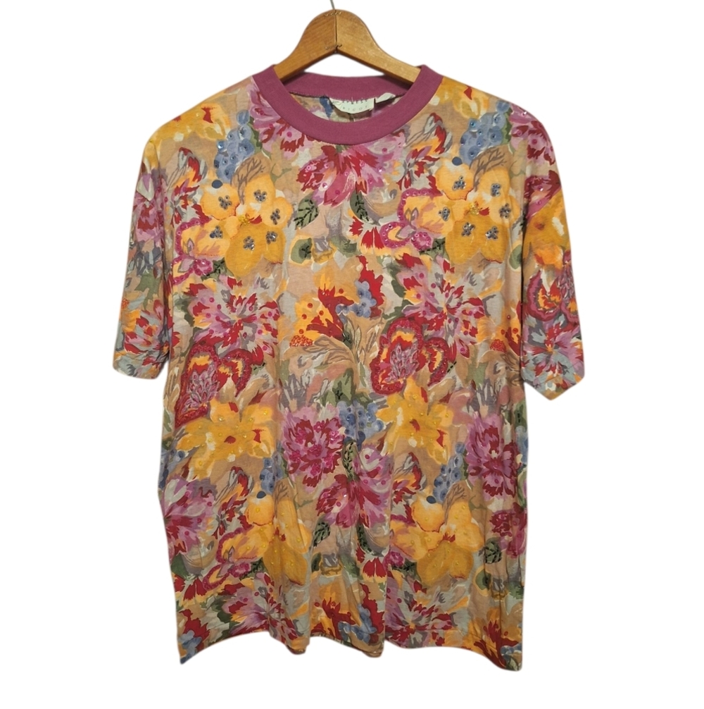 Vintage Express Tricot 100% Cotton Floral Boho Sequined Top Dopamine Fairy Happy